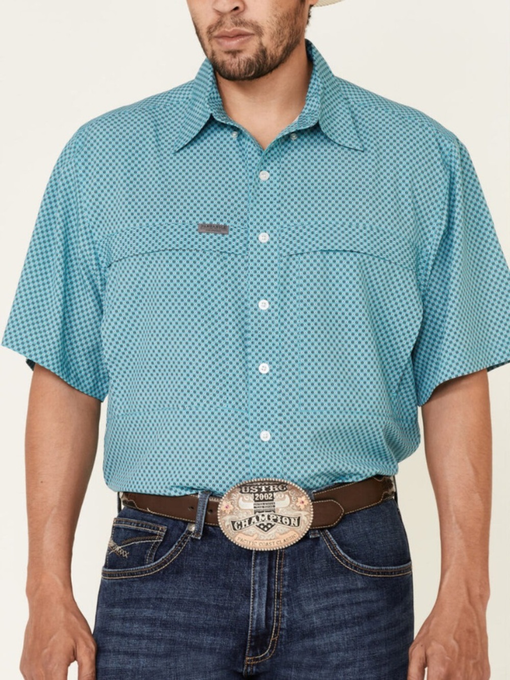 Panhandle Performance Teal Geo Print Button Down Short Sleeve Shirt Sz XL